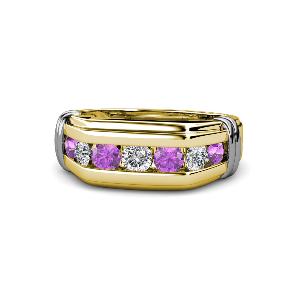 Brad Round Amethyst and Diamond 7 Stone Men Wedding Ring (8.5 mm) 